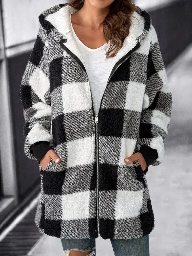 Women Oversized Hoodie Plaid Loose Overcoat